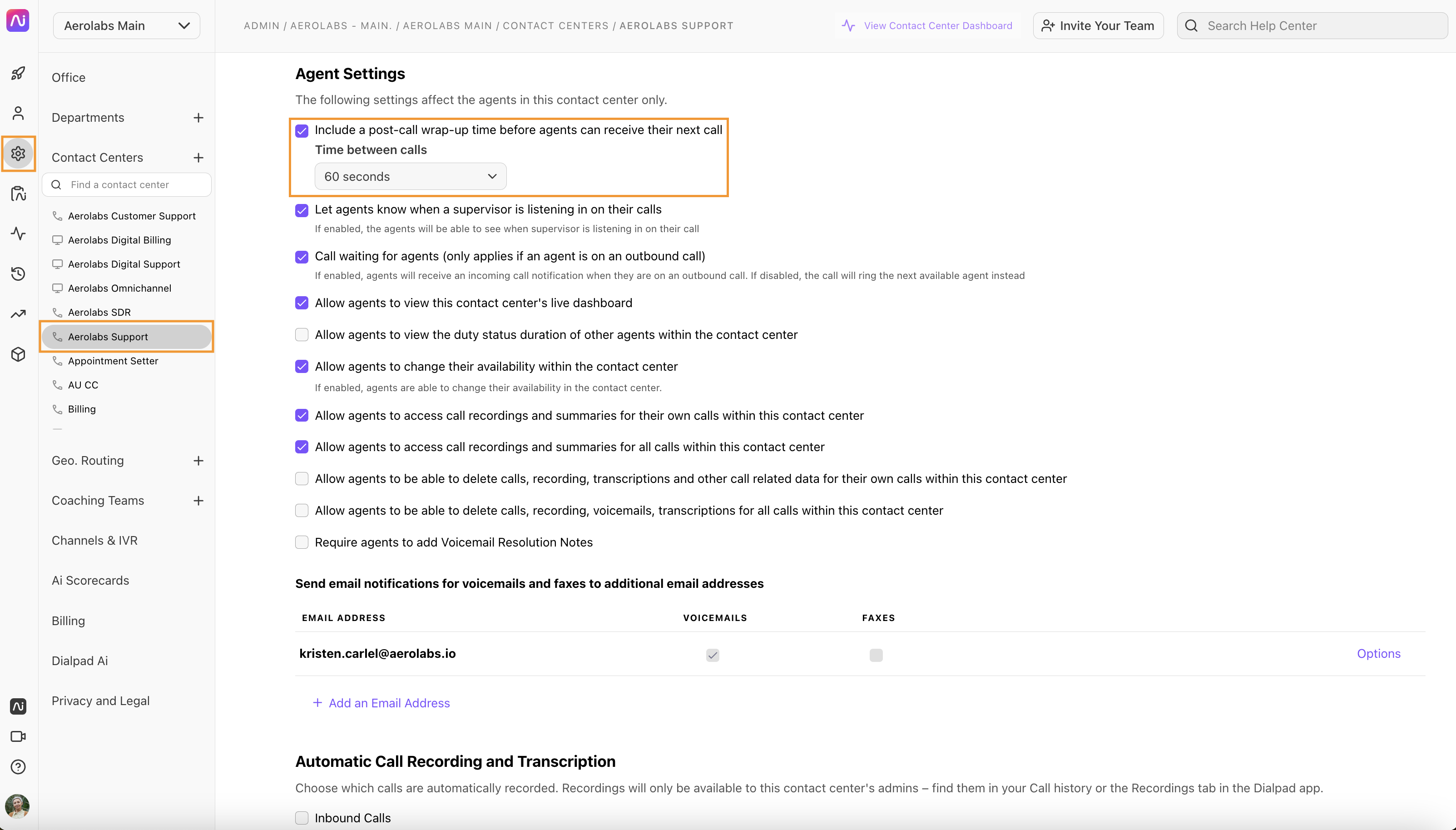 Settings for agents in a contact center, including call wrap-up time and permissions.